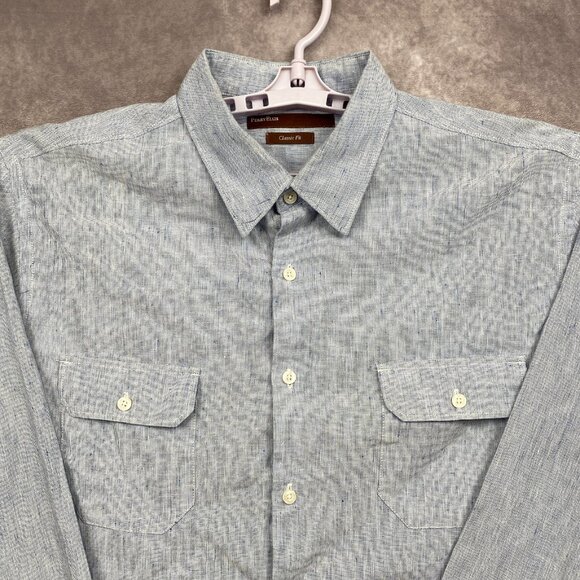 Perry Ellis Classic Fit Linen Blend Button Shirt Mens XXL Blue Crosshatch Weave - Picture 1 of 9